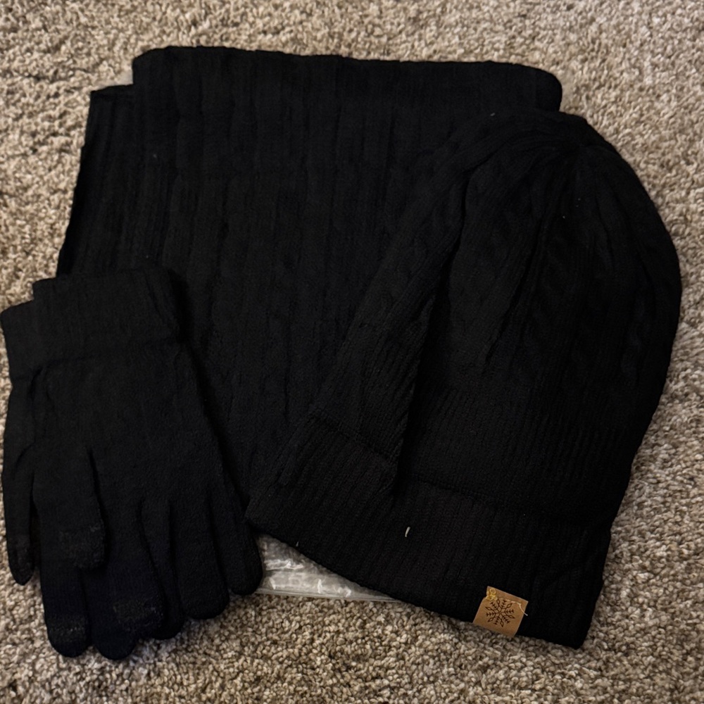 Black Knit Hat, Scarf, and Gloves Set